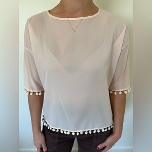 Peachy, pink French connection top with pom-pom tassels size small